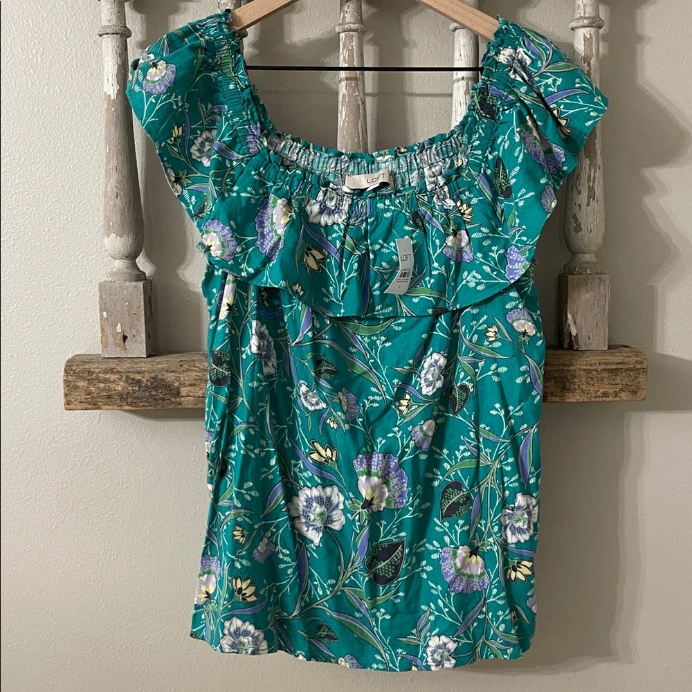 LOFT Teal Floral Top with Purple and White Accents